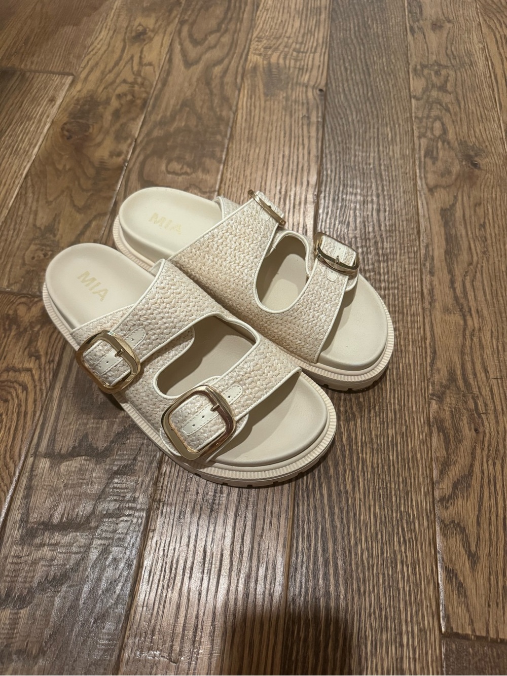 MIA Cream Textured Double-Buckle Slide Sandals